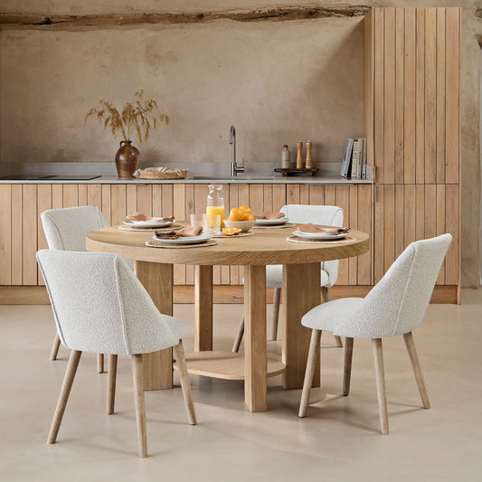 Marlon Whitewash Oak Oval Dining Table Set - 4 Seater - Freya Oat Boucle Dining Chairs - Whitewash Oak Legs