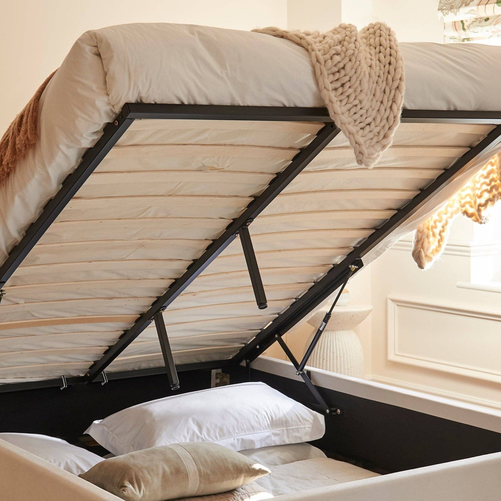 Robyn Double Ottoman Bed - Soft Beige - Elegant Storage Solution - Image 2