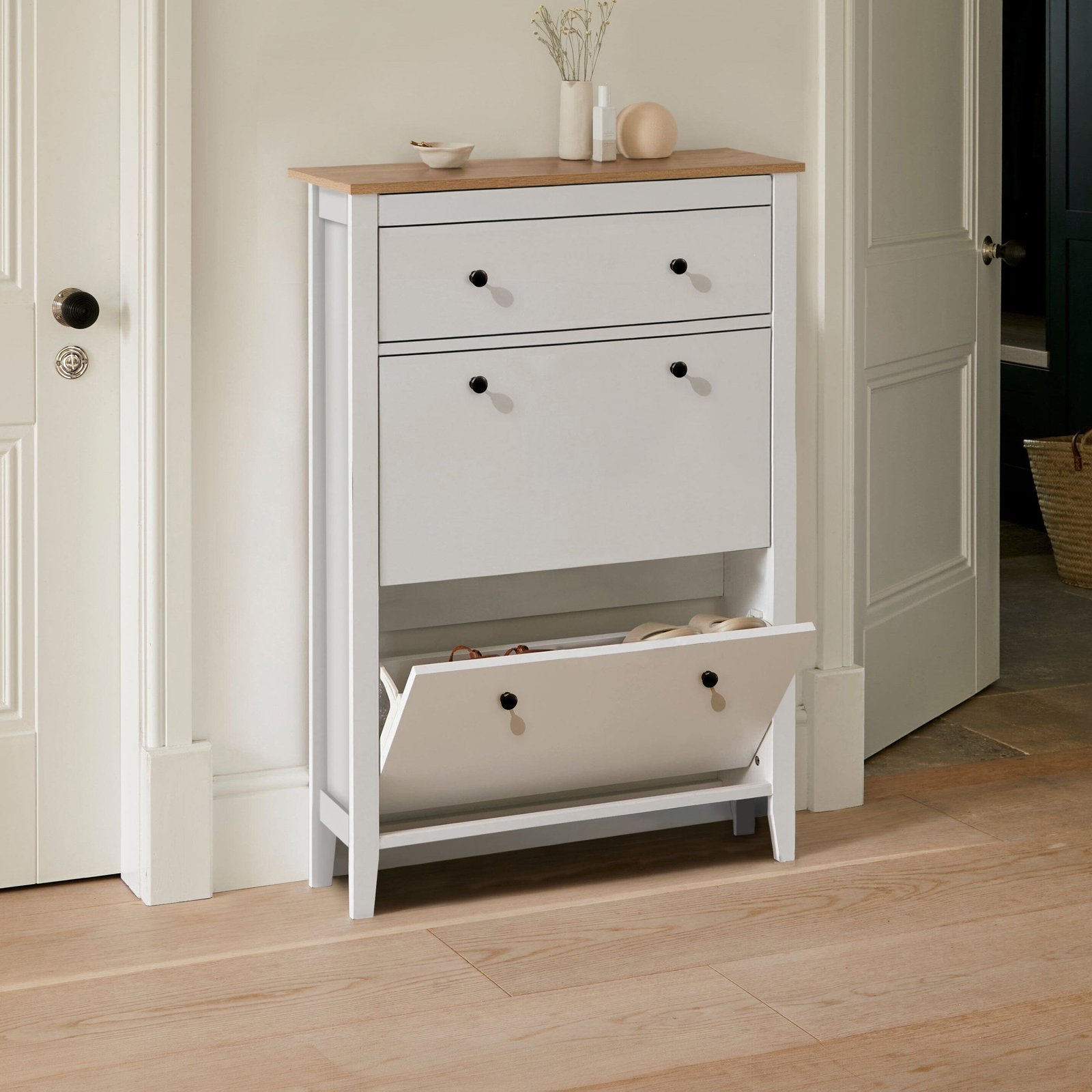 Sandhurst Shoe Cabinet - 3 Door - White & Oak Effect - Spacious Elegance - Image 2
